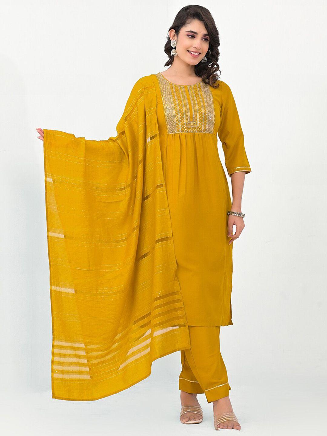 label khoj women floral yoke design pleated thread work kurta with trousers & with dupatta