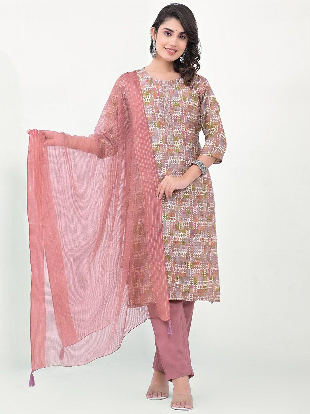 label khoj women printed regular sequinned kurta with trousers & with dupatta