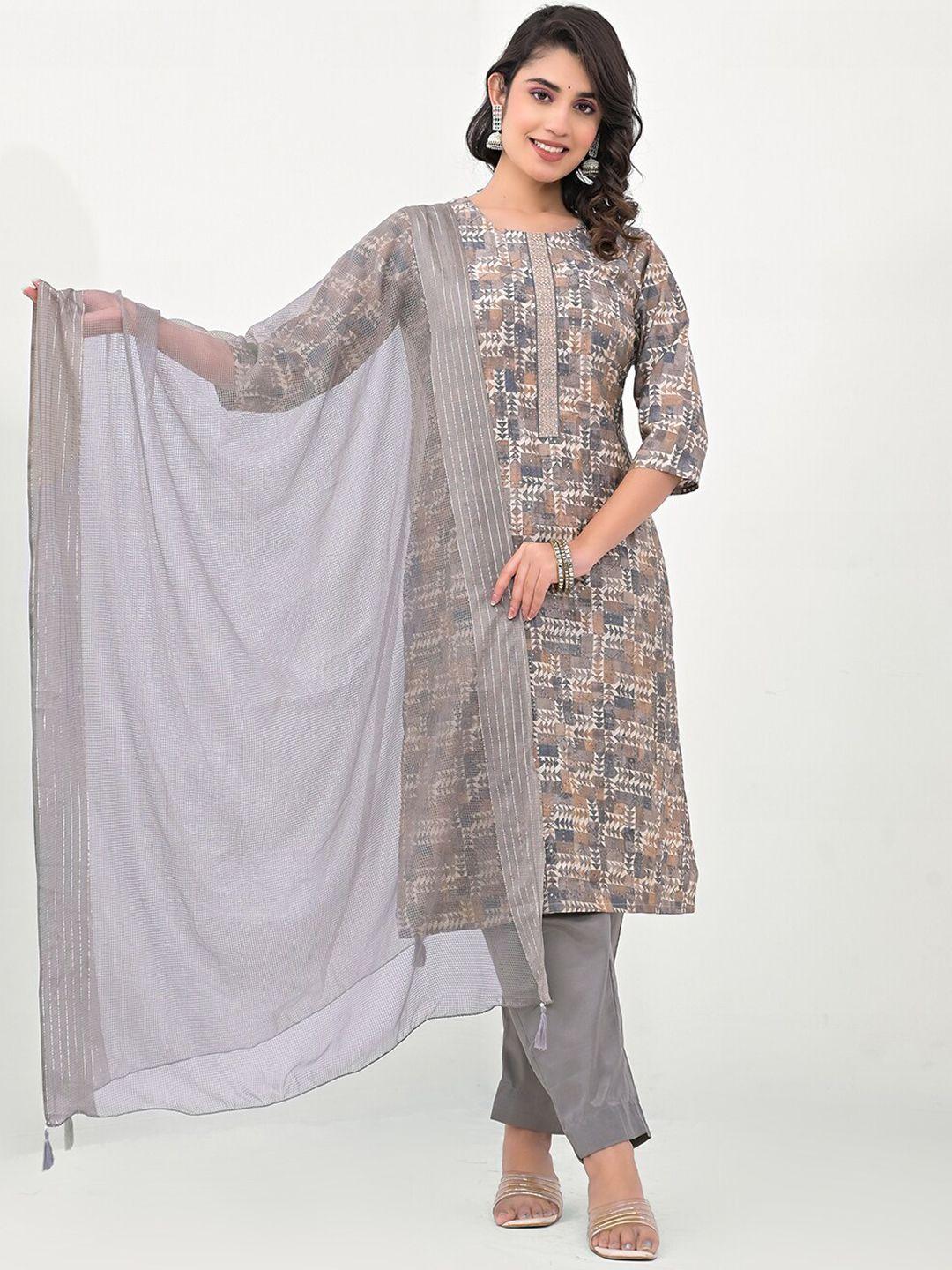 label khoj women printed regular sequinned kurta with trousers & with dupatta