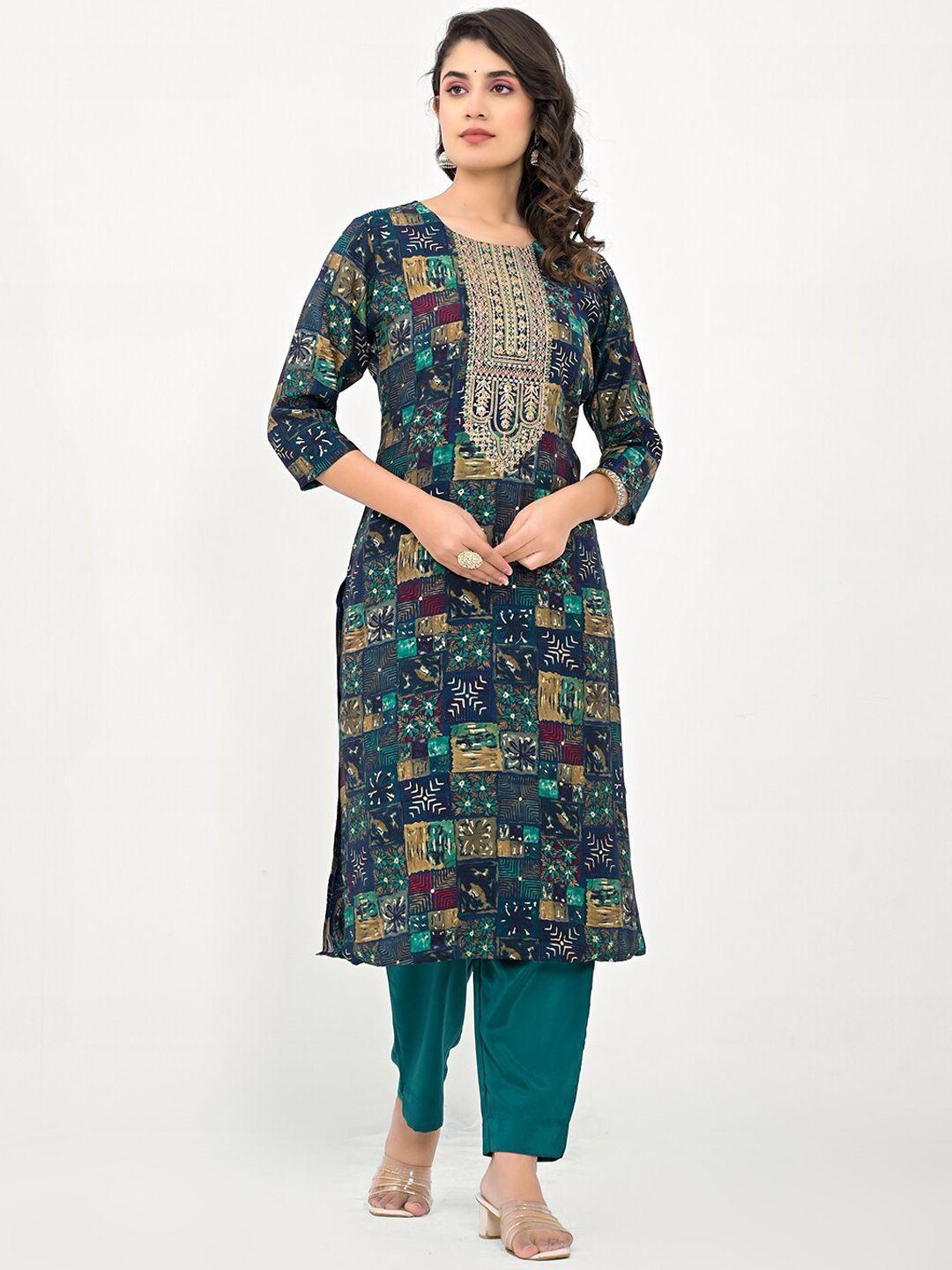 label khoj women printed regular thread work kurta with trousers & with dupatta