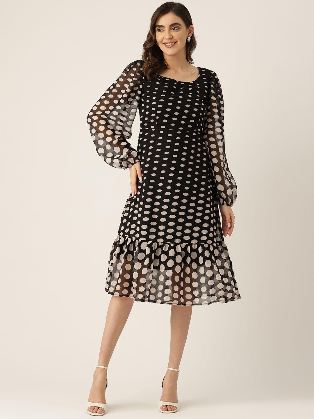 label regalia black & pink polka dot print georgette a-line dress