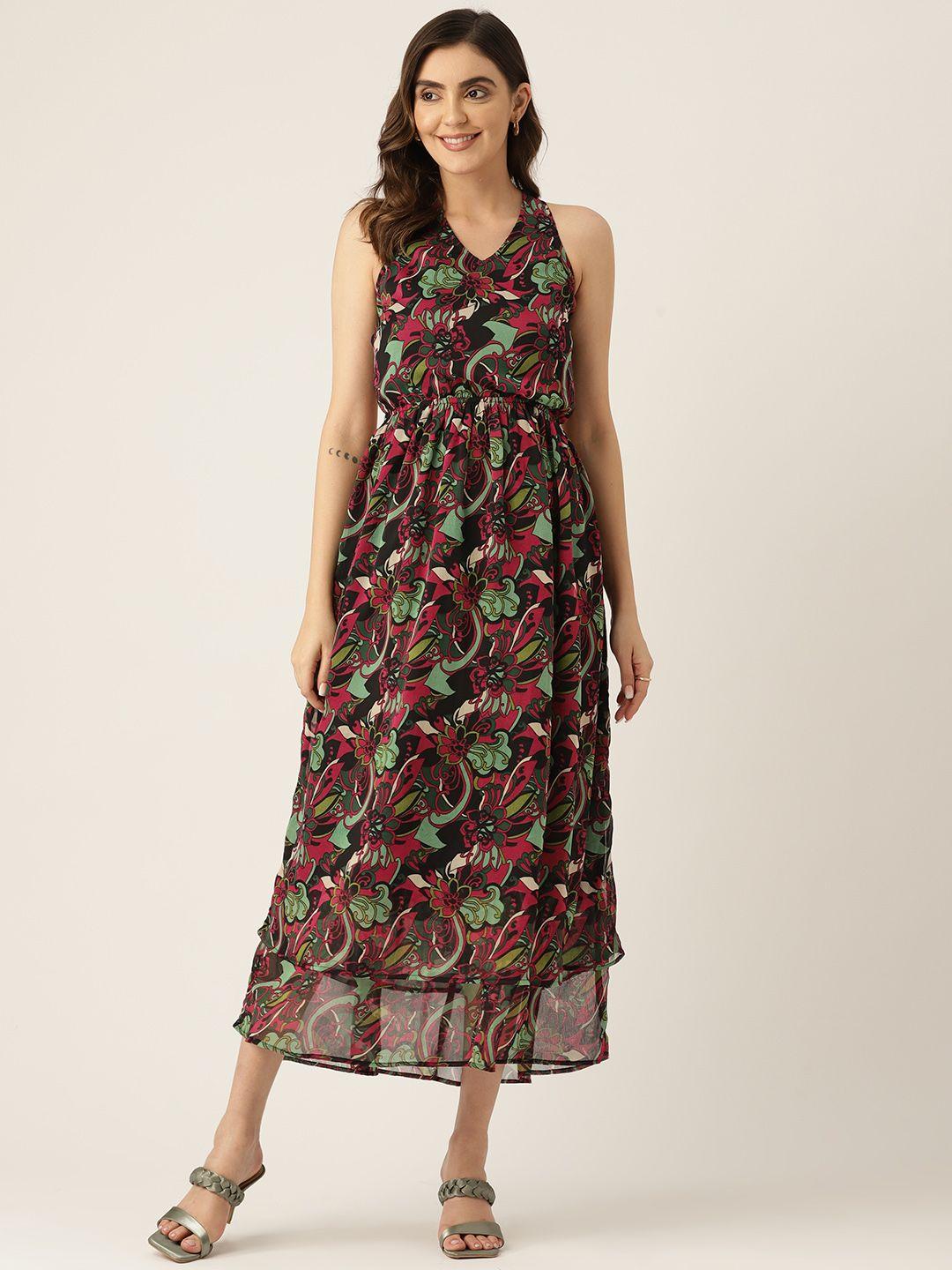 label regalia green & maroon floral print chiffon a-line maxi dress