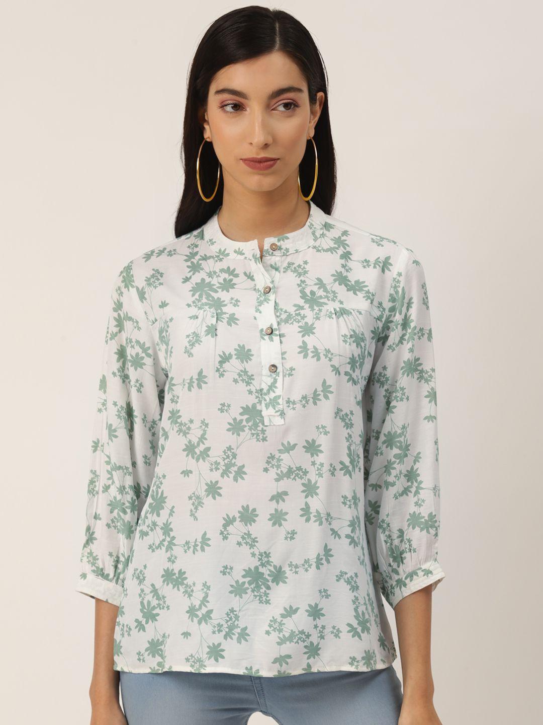 label regalia white & green floral printed mandarin collar puff sleeves regular top