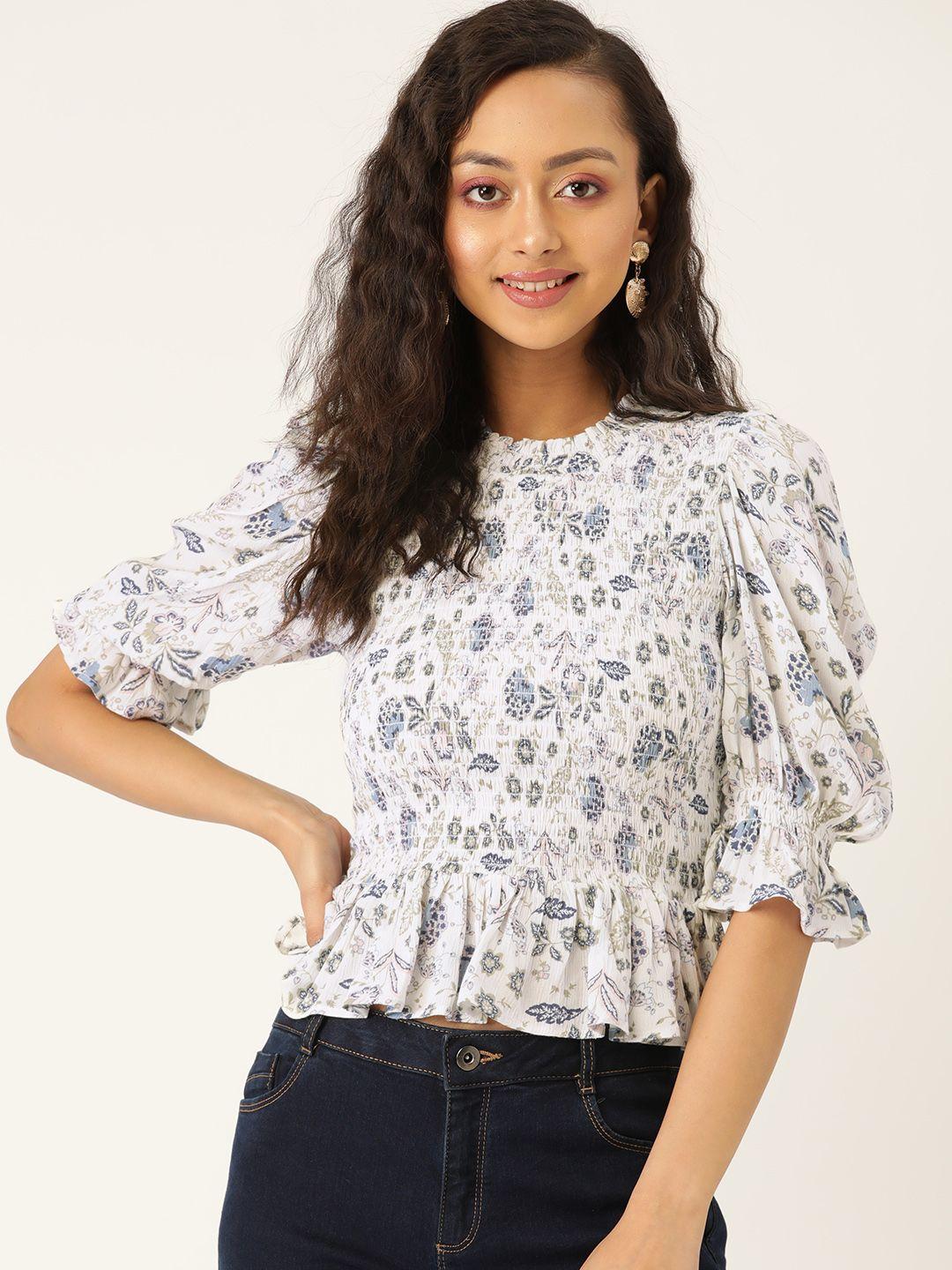 label regalia women white & blue floral printed puff sleeves smocked a-line top