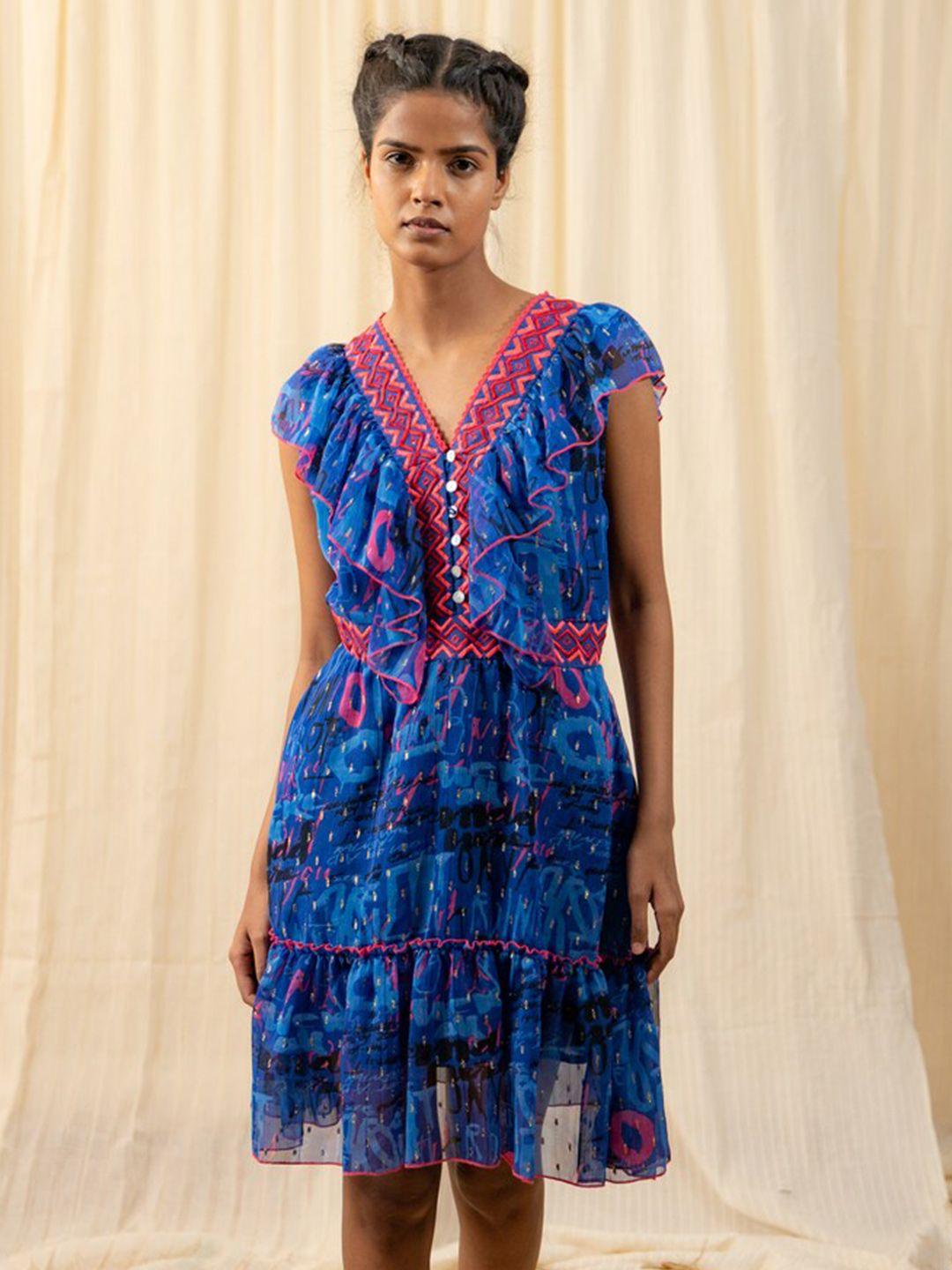 label reyya blue & red tribal georgette dress