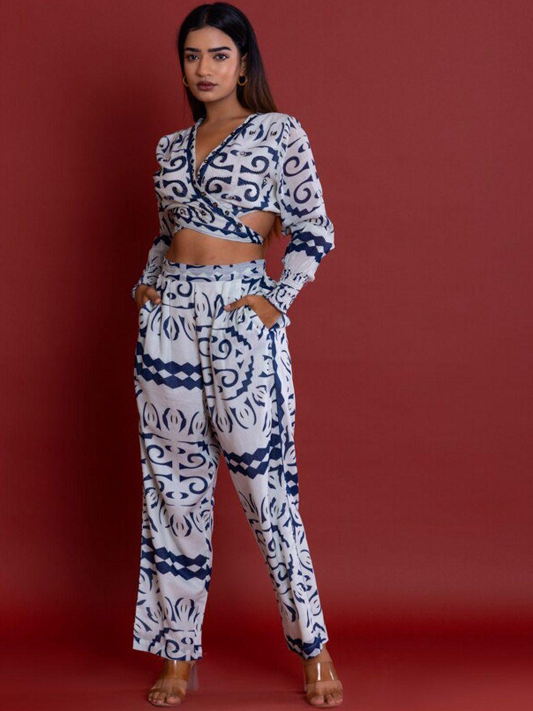 label reyya ethnic motifs printed pure cotton crop top with trousers co-ords