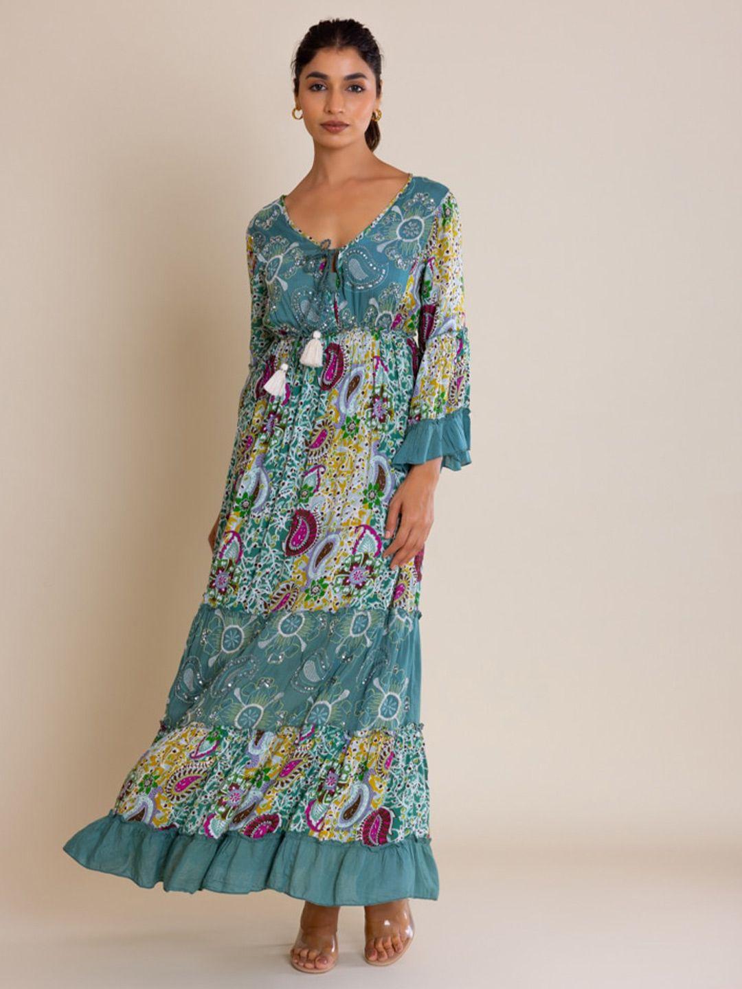 label reyya ethnic motifs printed tiered a-line maxi dress