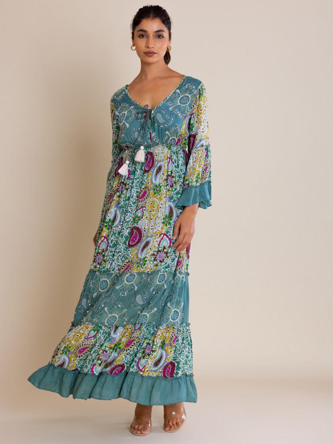 label reyya floral printed bell sleeves embellished fit & flare maxi dress