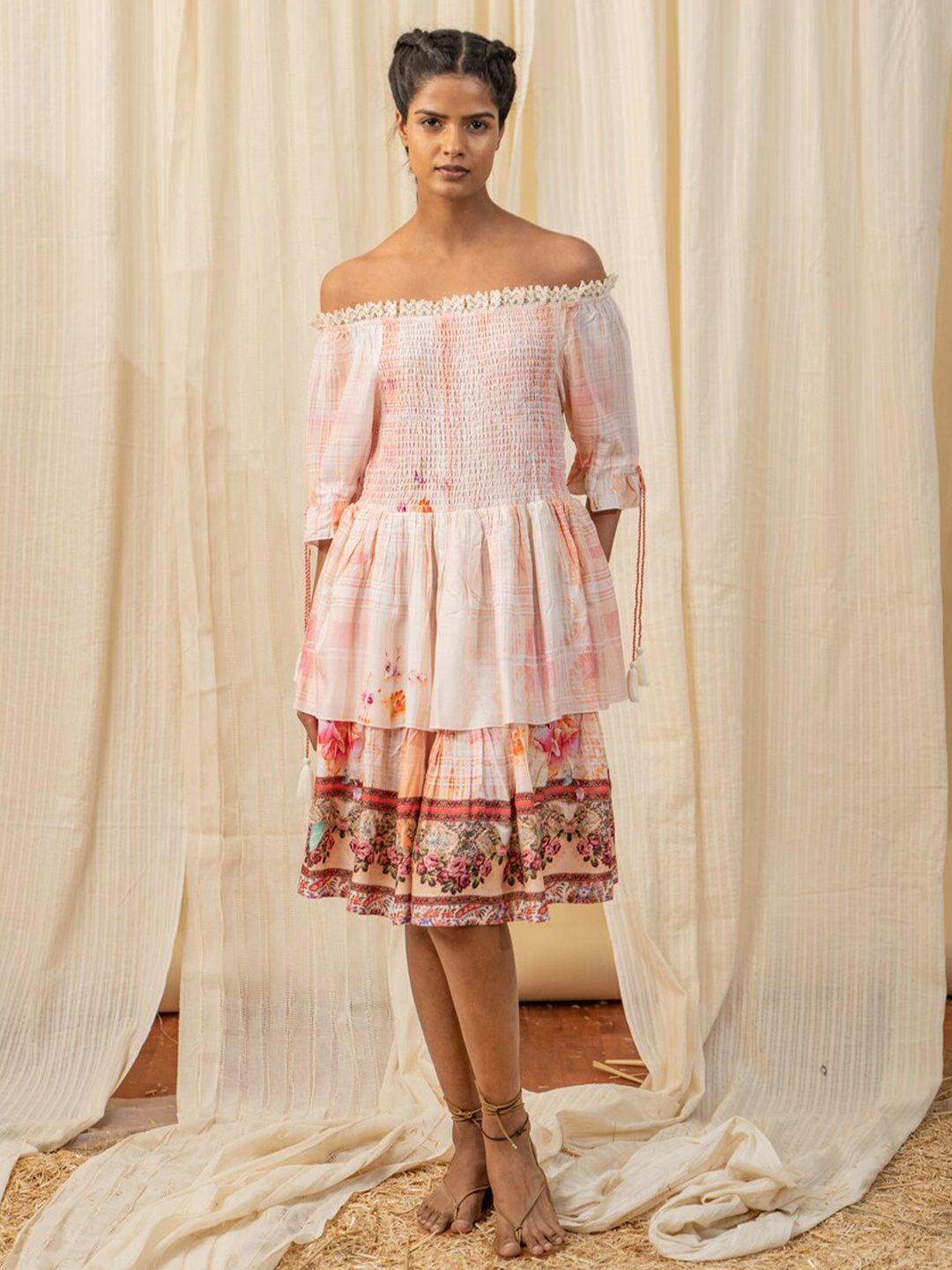 label reyya peach-coloured floral off-shoulder midi dress