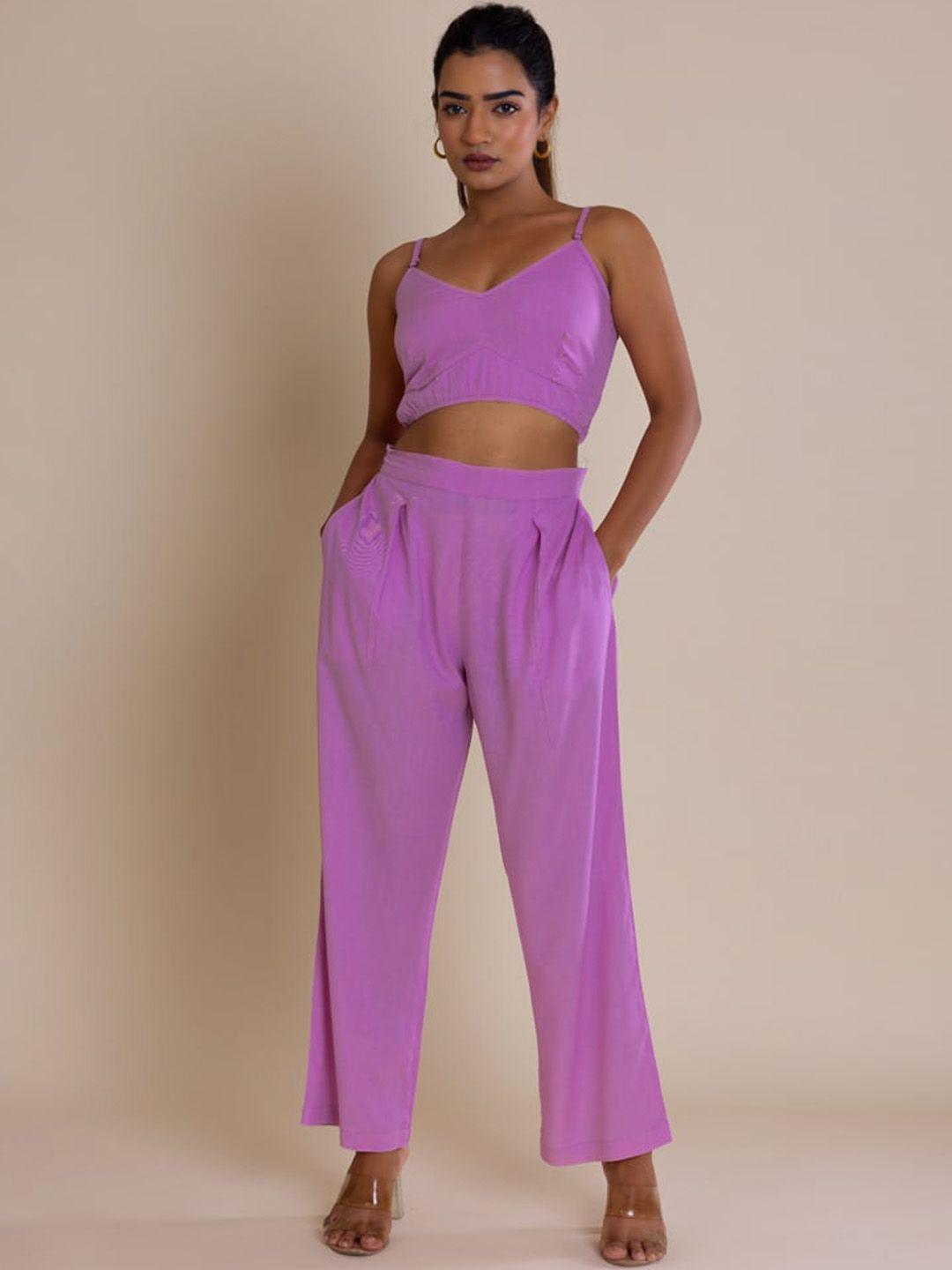 label reyya shoulder strap crop top with collar shirt &  trousers co-ords