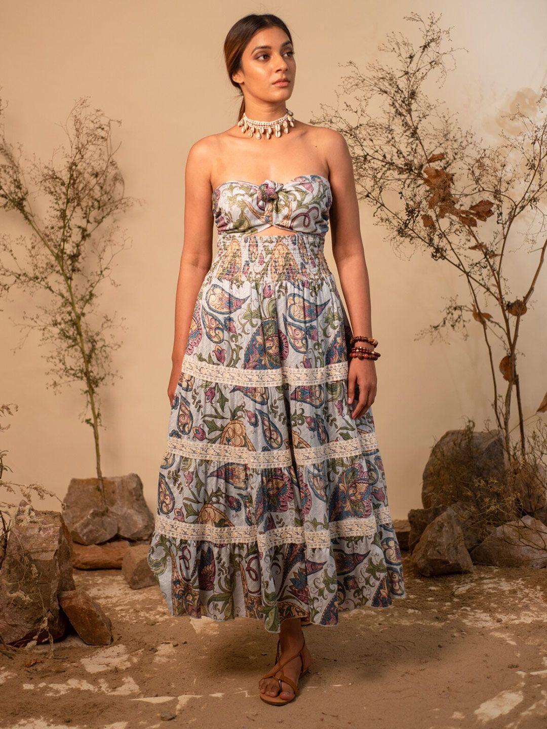 label reyya strapless ethnic motifs print maxi dress