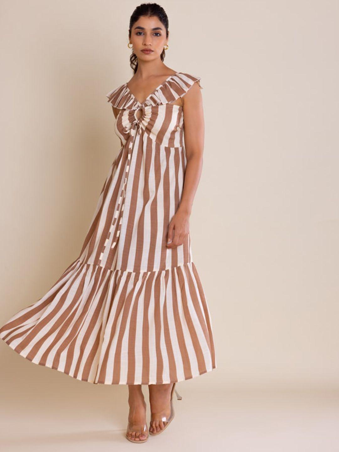label reyya striped v-neck cut-outs smocked a-line midi dress