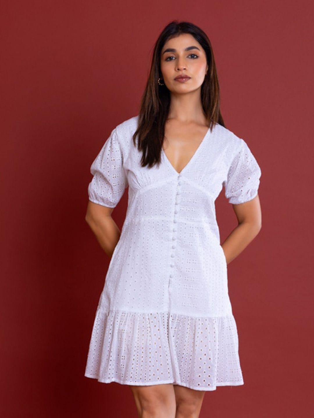 label reyya v-neck button down schiffli puff sleeves cotton a-line mini dress