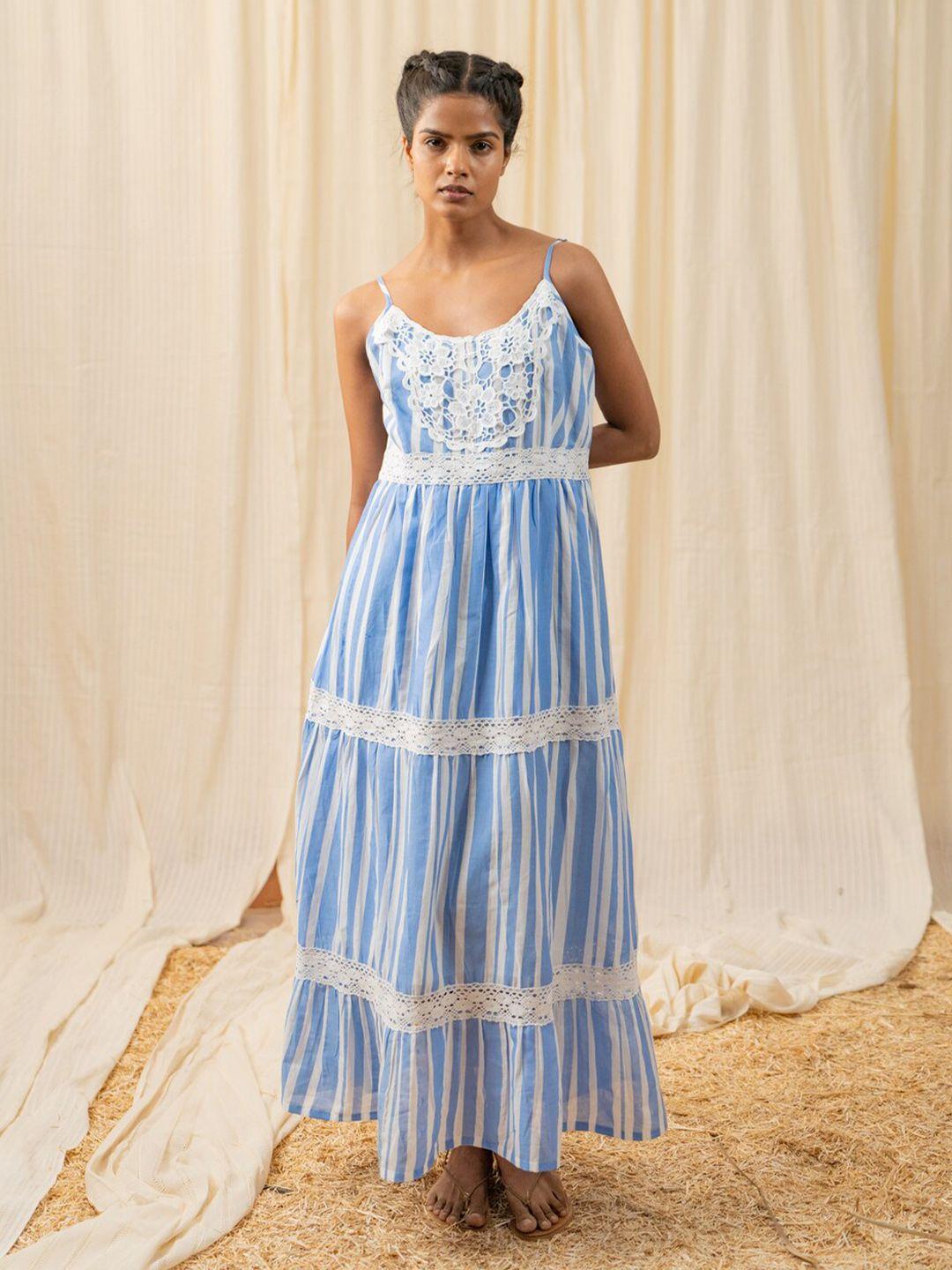 label reyya white & blue cotton striped a-line maxi dress