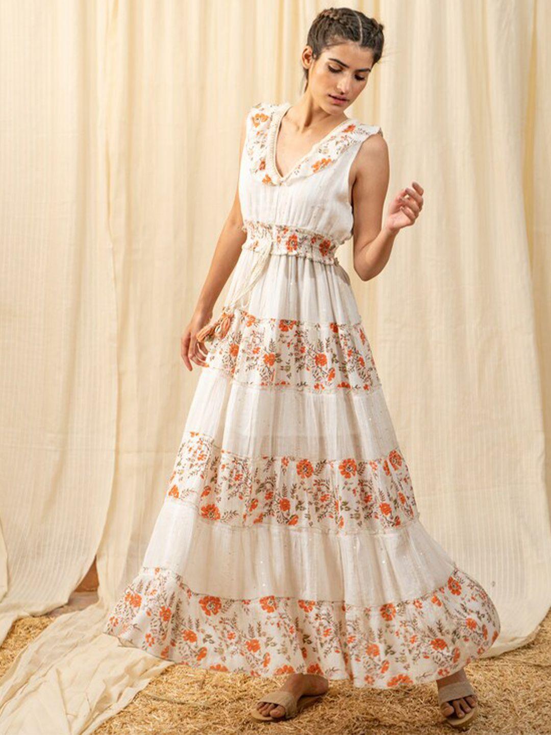 label reyya women white & orange floral maxi maxi dress