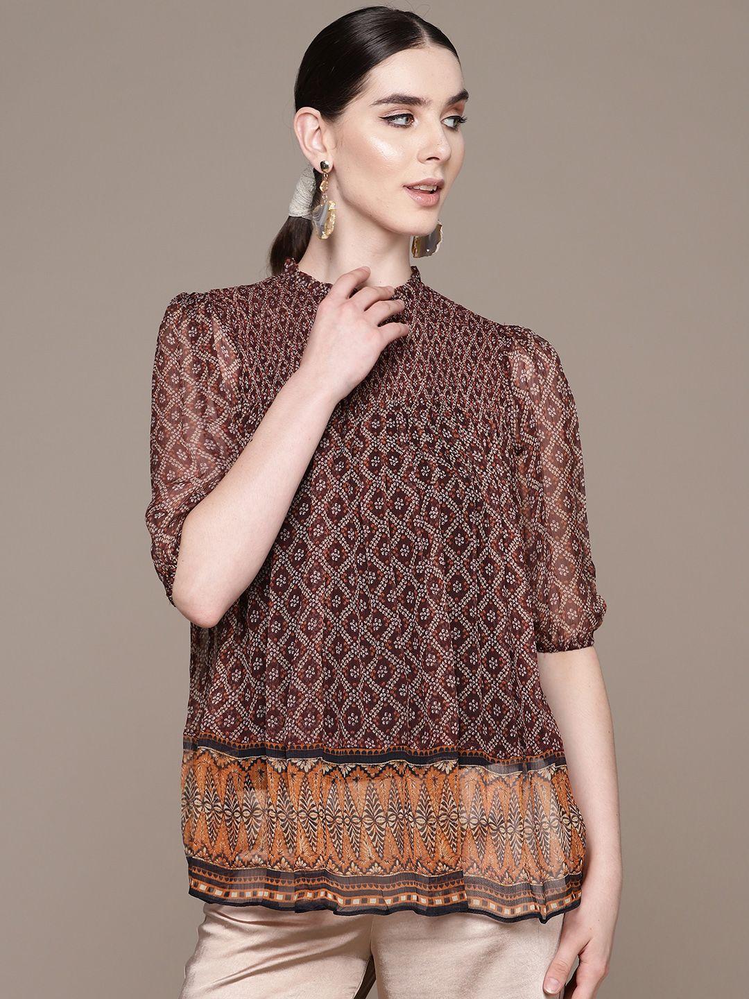 label ritu kumar aztec print high neck puff sleeves chiffon longline top