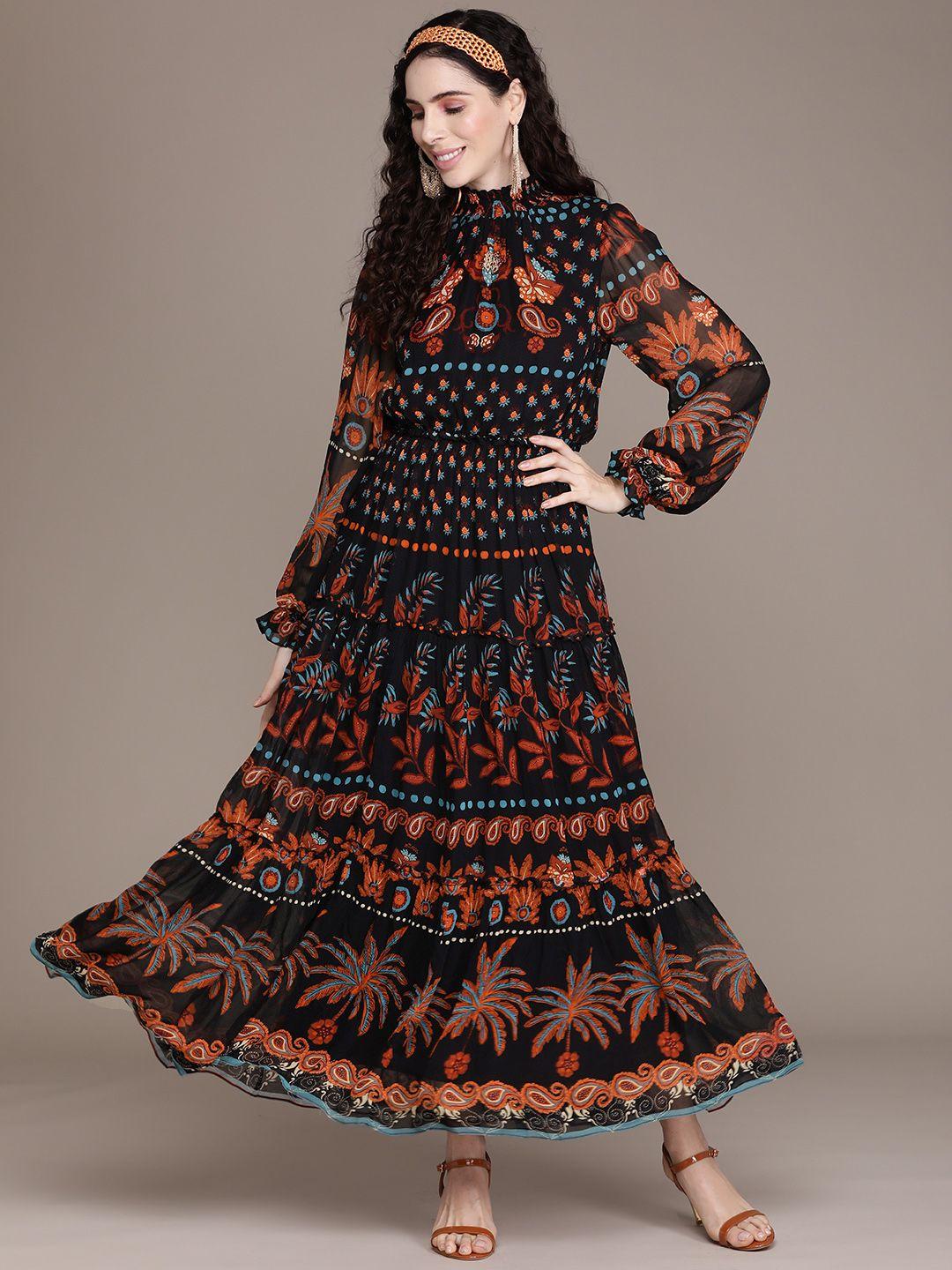 label ritu kumar black & orange ethnic motif print high neck maxi dress