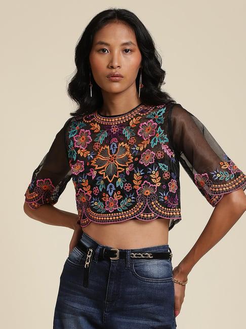 label ritu kumar black embroidered crop top with camisole