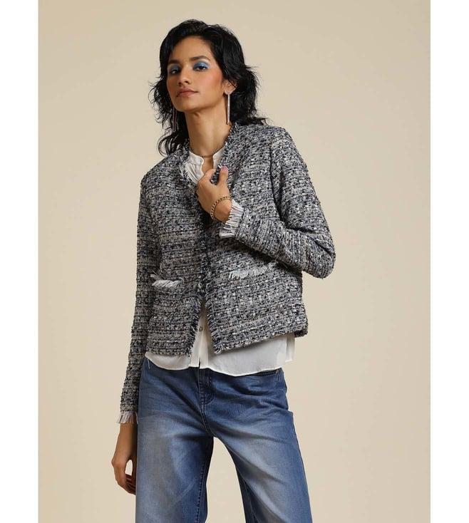 label ritu kumar black front open tweed jacket