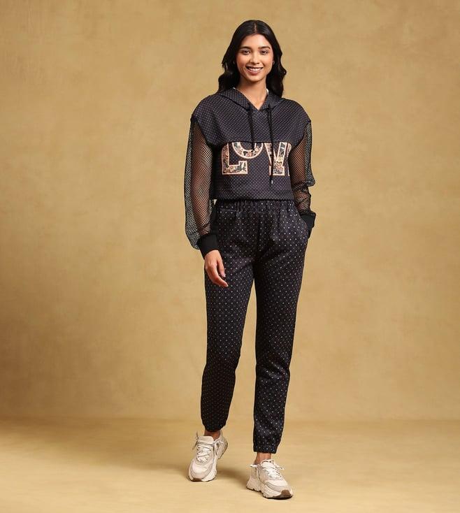 label ritu kumar black printed activewear set (jacket with jogger)