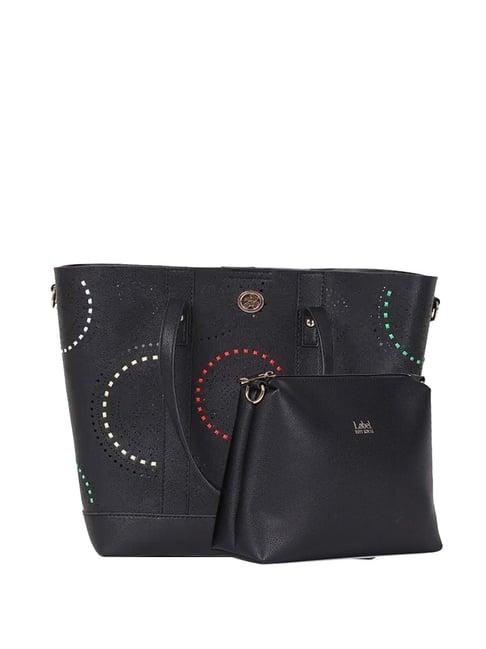 label ritu kumar black textured medium tote handbag with pouch