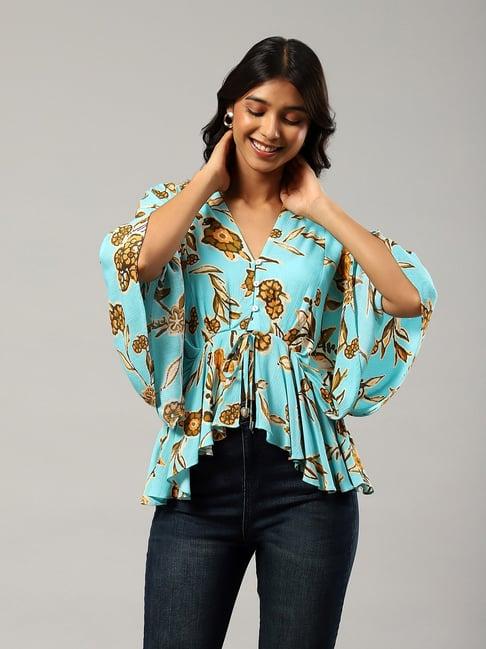 label ritu kumar blue & brown floral print top