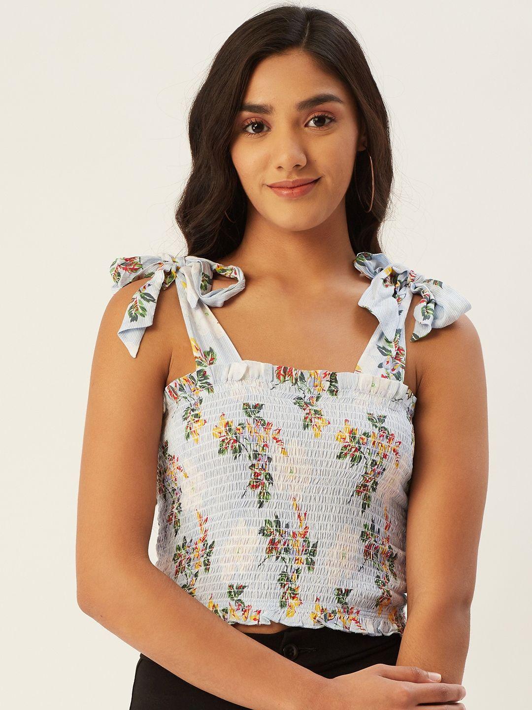 label ritu kumar blue & green floral print tie-up shoulder straps detail smocked crop top