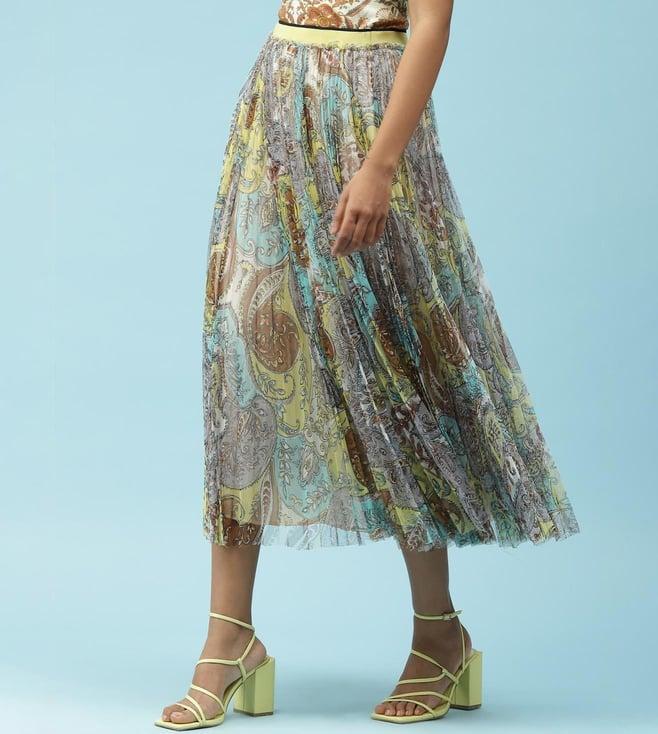 label ritu kumar blue & yellow printed pleated skirt