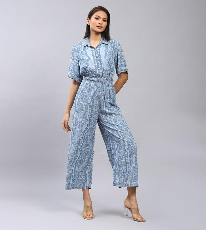 label ritu kumar blue floral print denim jumpsuit