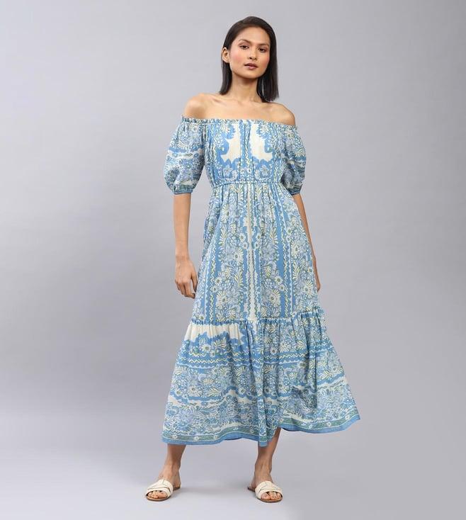 label ritu kumar blue floral print off-shoulder long dress