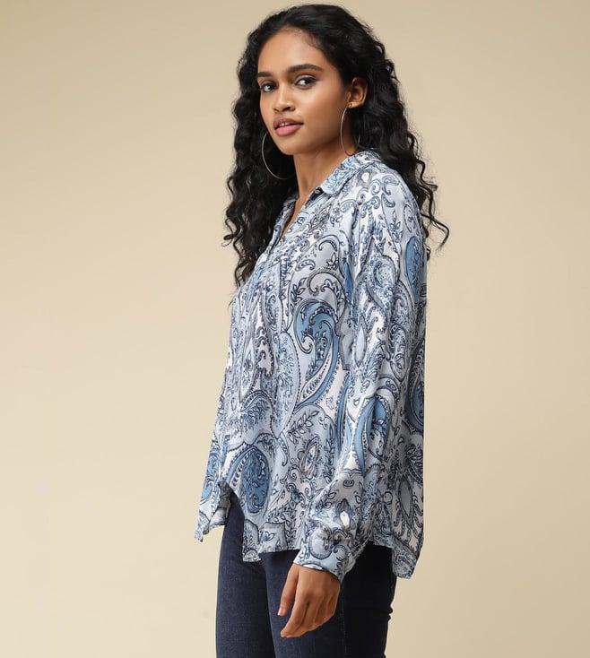 label ritu kumar blue printed asymmetric satin shirt