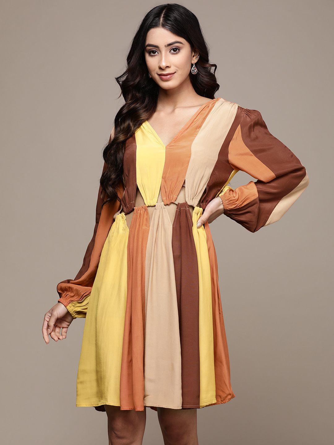 label ritu kumar brown & yellow striped crepe dress