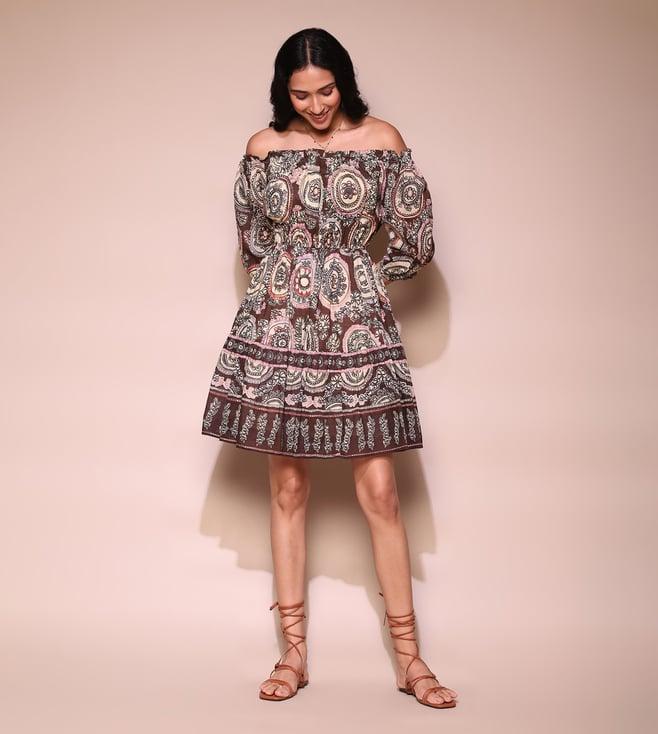 label ritu kumar brown printed off shoulder short dress