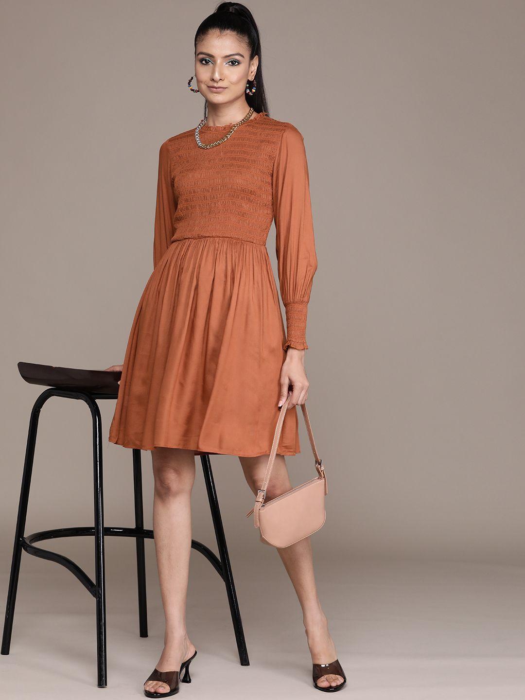 label ritu kumar brown solid smocked a-line dress