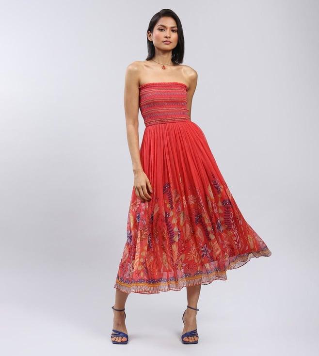 label ritu kumar coral red printed smocked tube dress