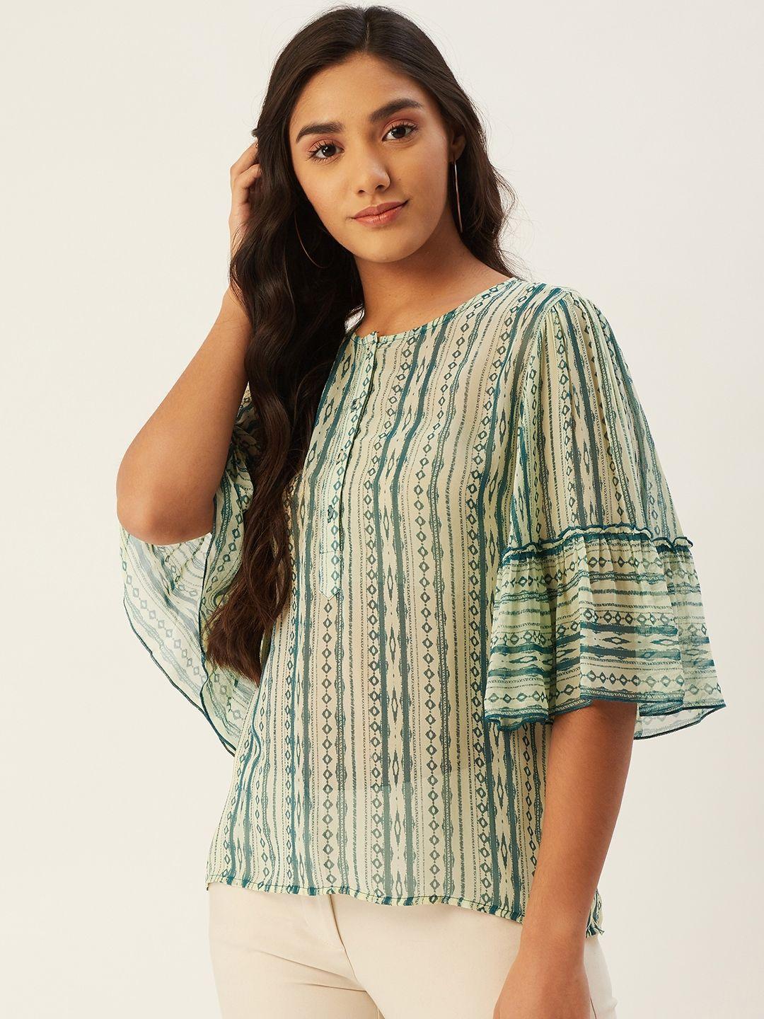 label ritu kumar cream-coloured & teal green printed sheer top