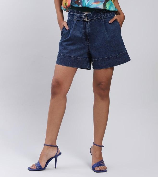 label ritu kumar dark blue high-rise denim shorts with belt