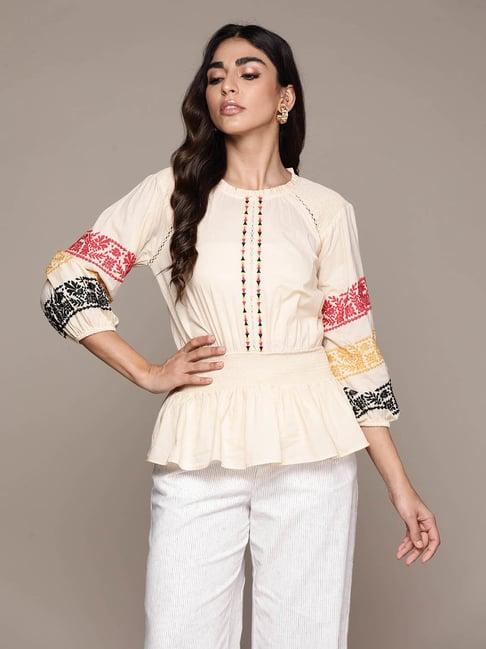 label ritu kumar ecru embroidered peplum top