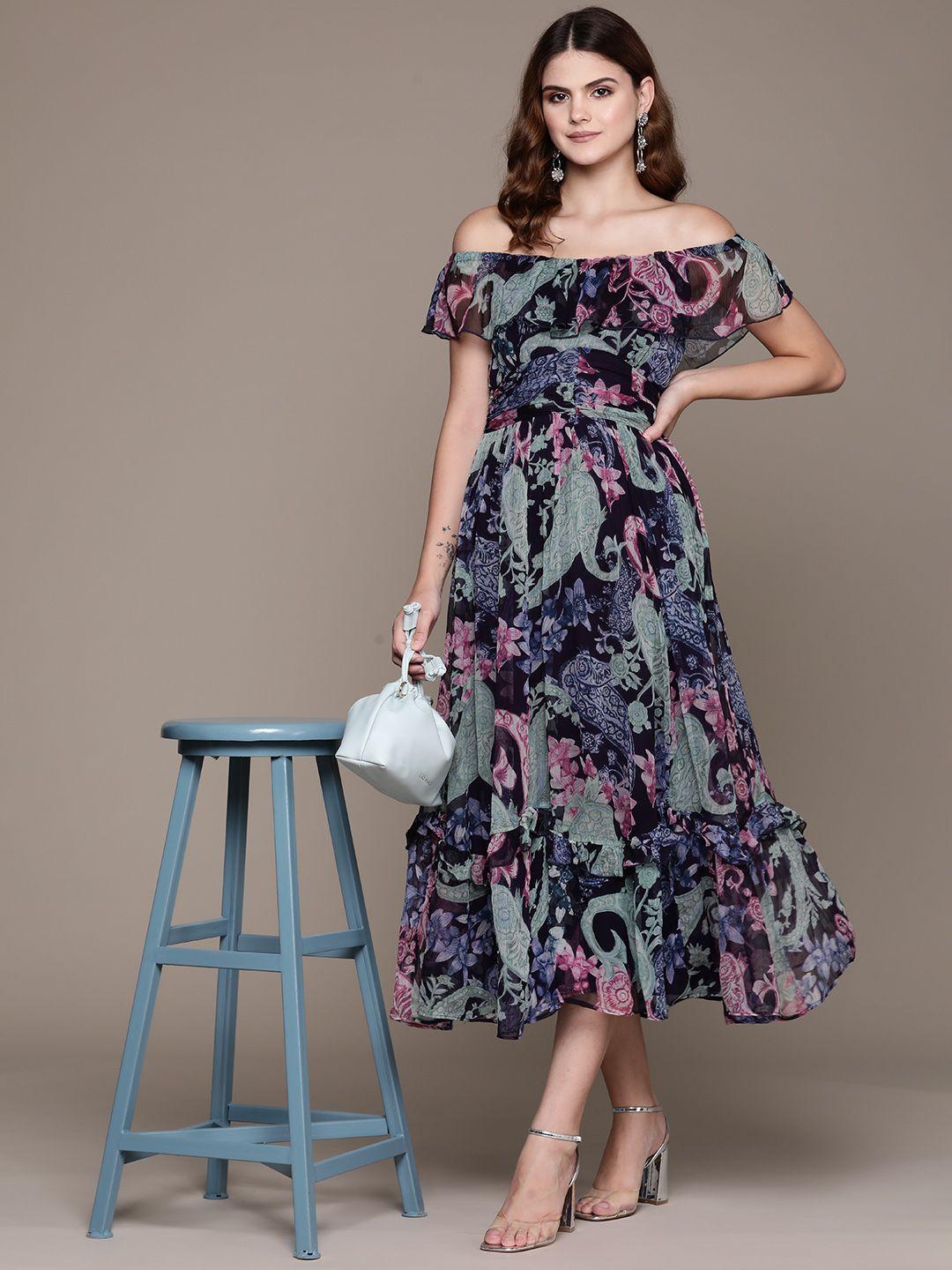 label ritu kumar floral print off-shoulder flared sleeve chiffon fit & flare midi dress