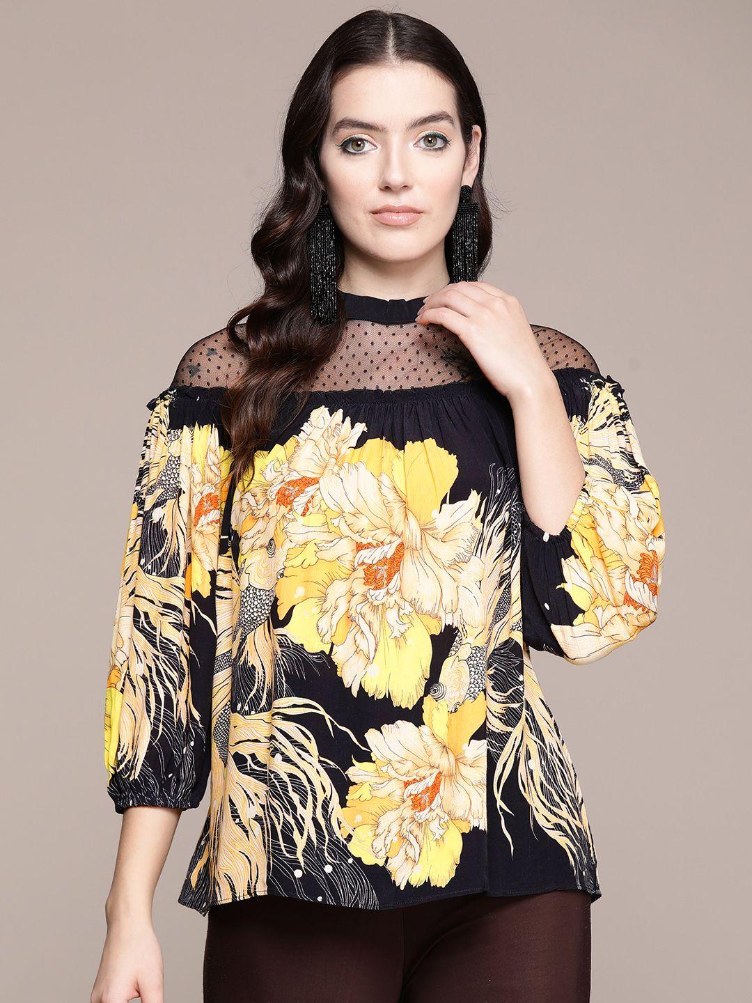 label ritu kumar floral print puff sleeve crepe top