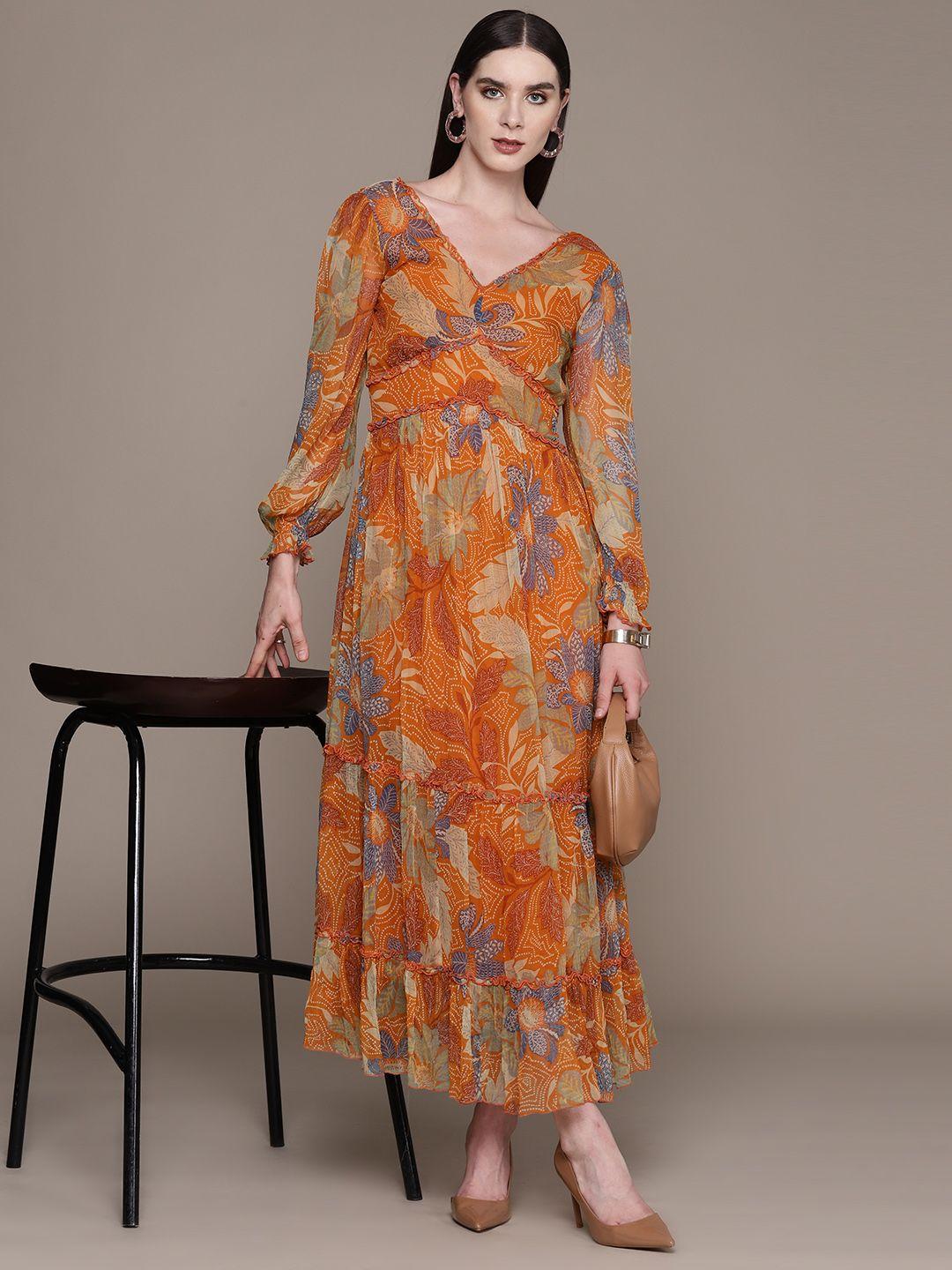 label ritu kumar floral print puff sleeve ruffled chiffon a-line maxi dress