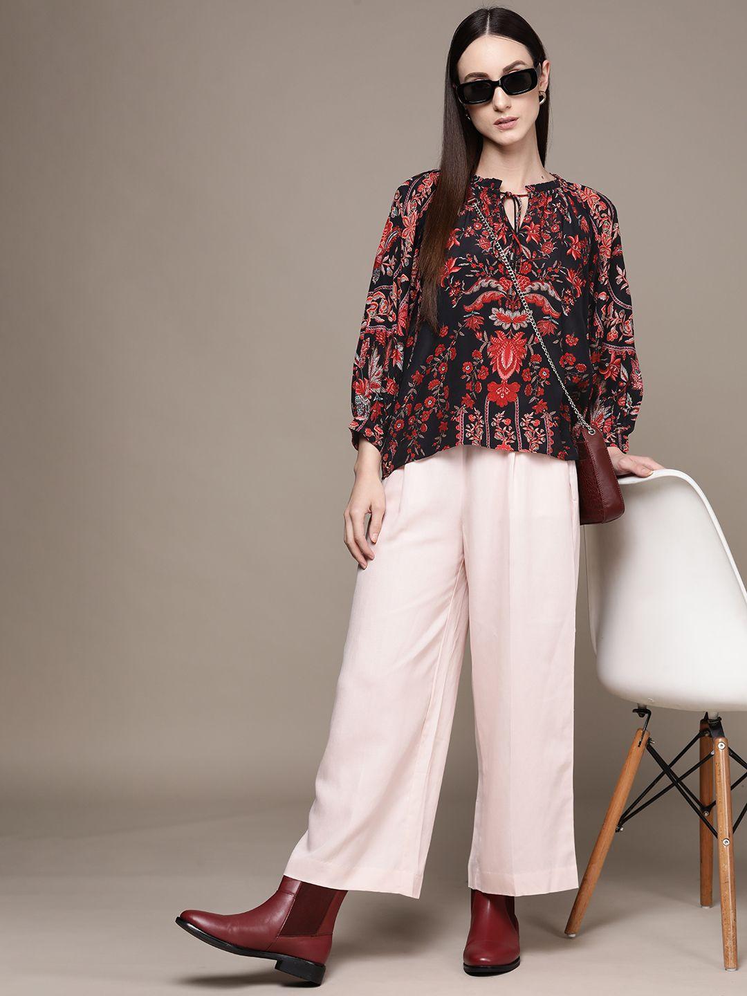 label ritu kumar floral print tie-up neck crepe top