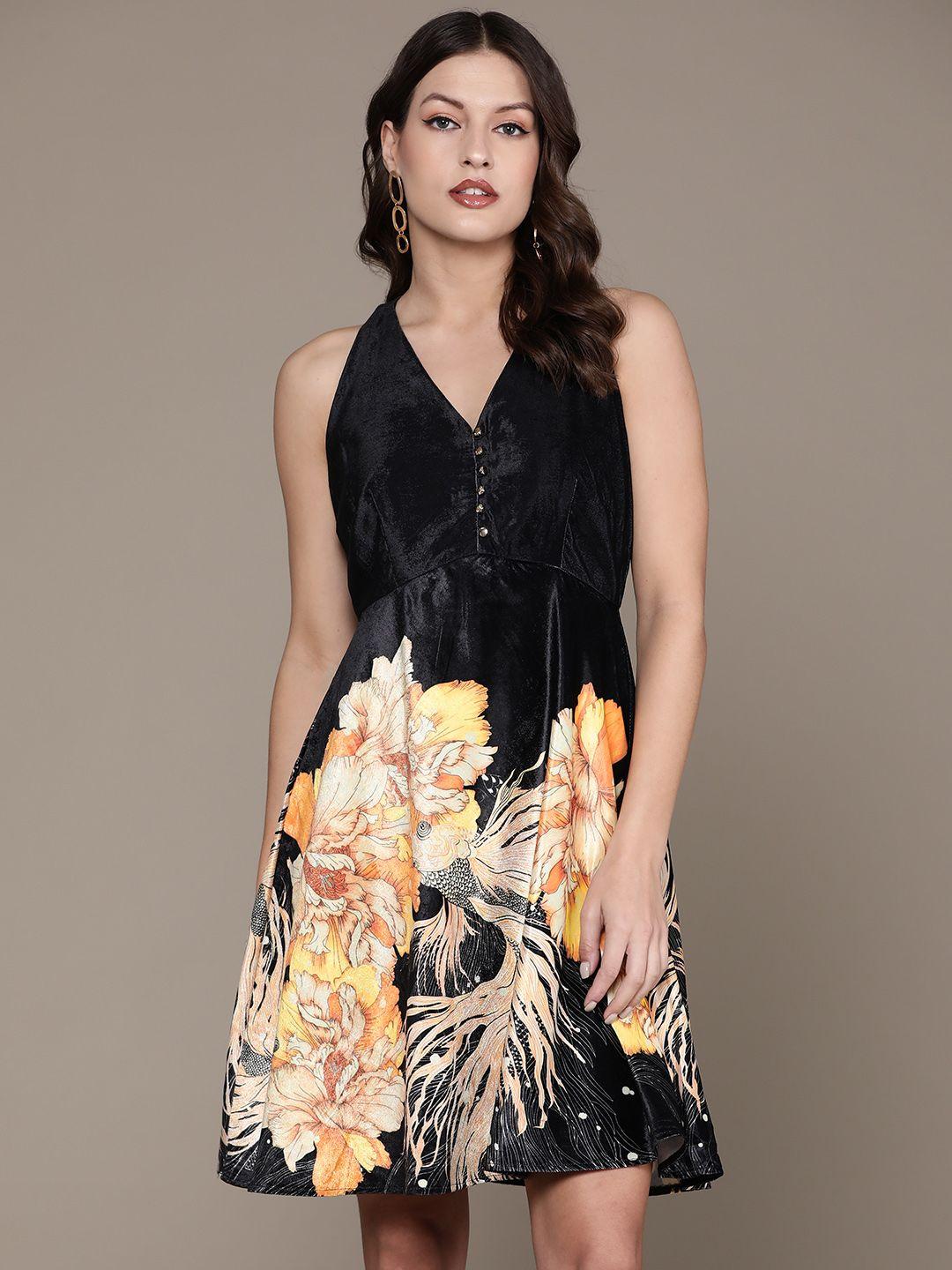 label ritu kumar floral print velvet a-line dress