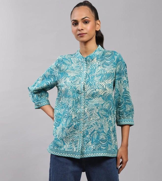 label ritu kumar green band collar 3 & 4th sleeves printed shirt