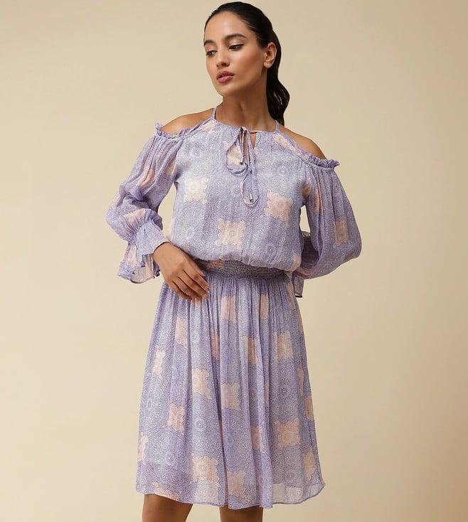 label ritu kumar lavender v neck with drawstring cutout full sleeves printed short dress