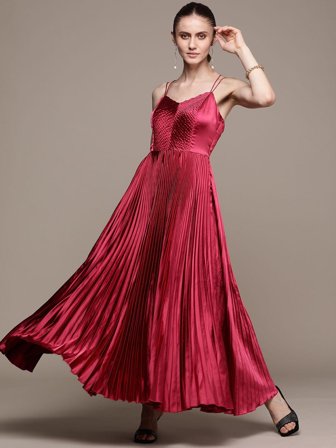 label ritu kumar maroon solid accordion pleated satin maxi dress