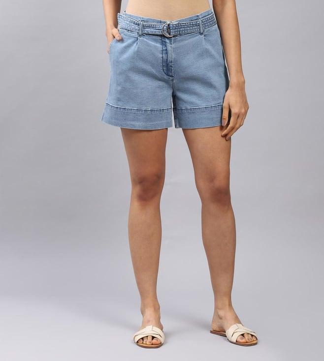 label ritu kumar medium blue high-rise denim shorts with belt