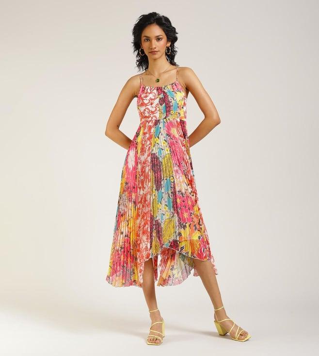 label ritu kumar multi color floral print pleated maxi dress