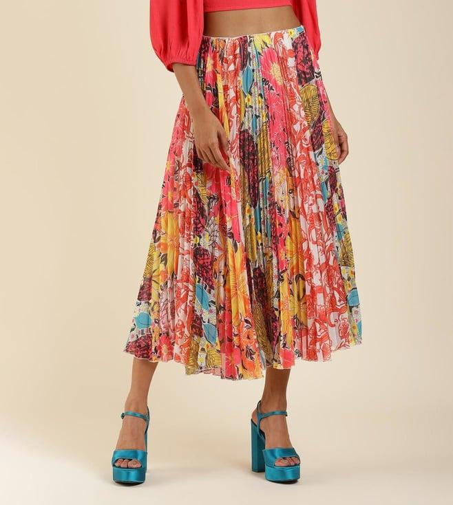 label ritu kumar multi color floral print pleated skirt