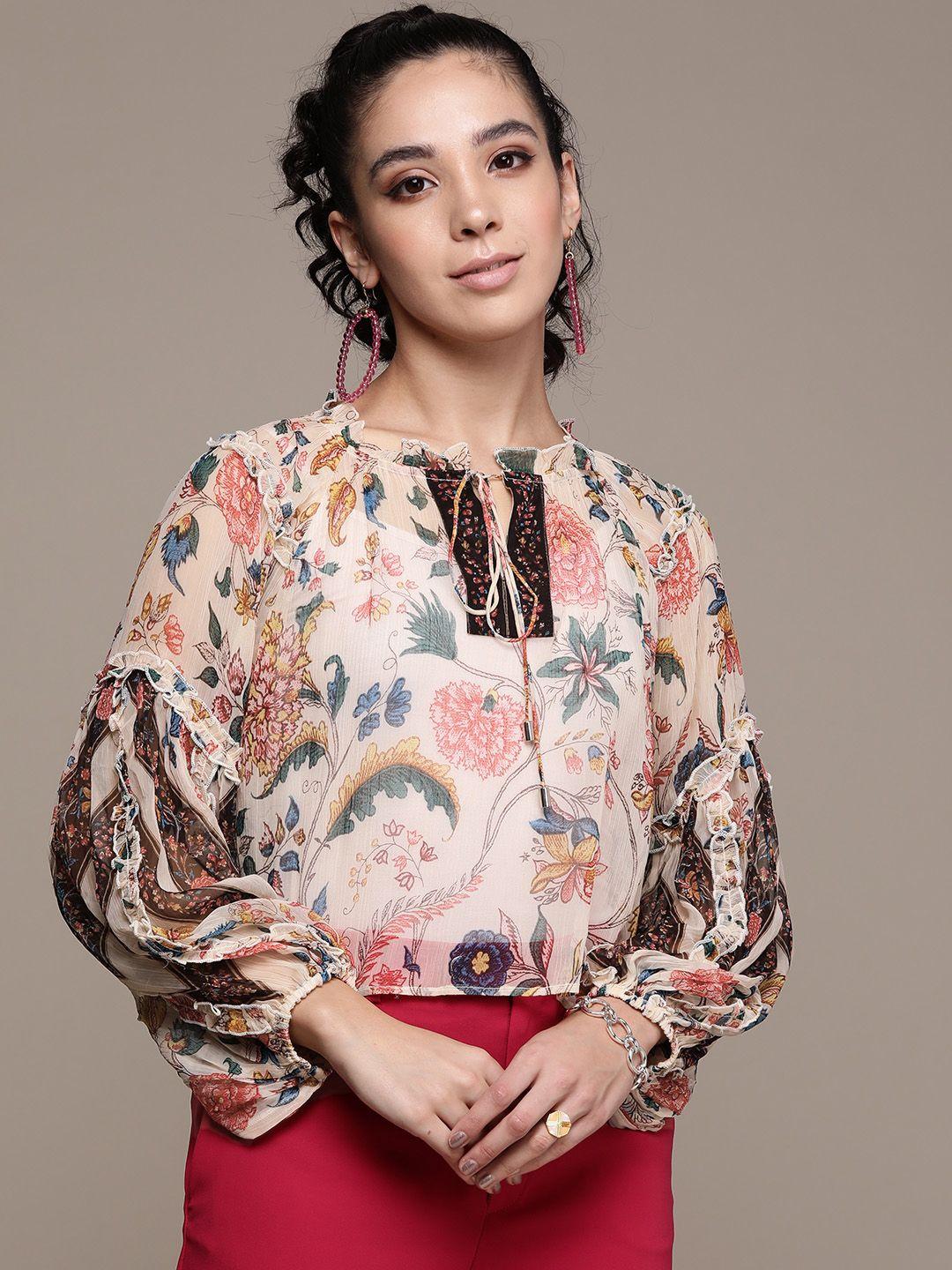 label ritu kumar multicoloured floral print tie-up neck chiffon top with camisole